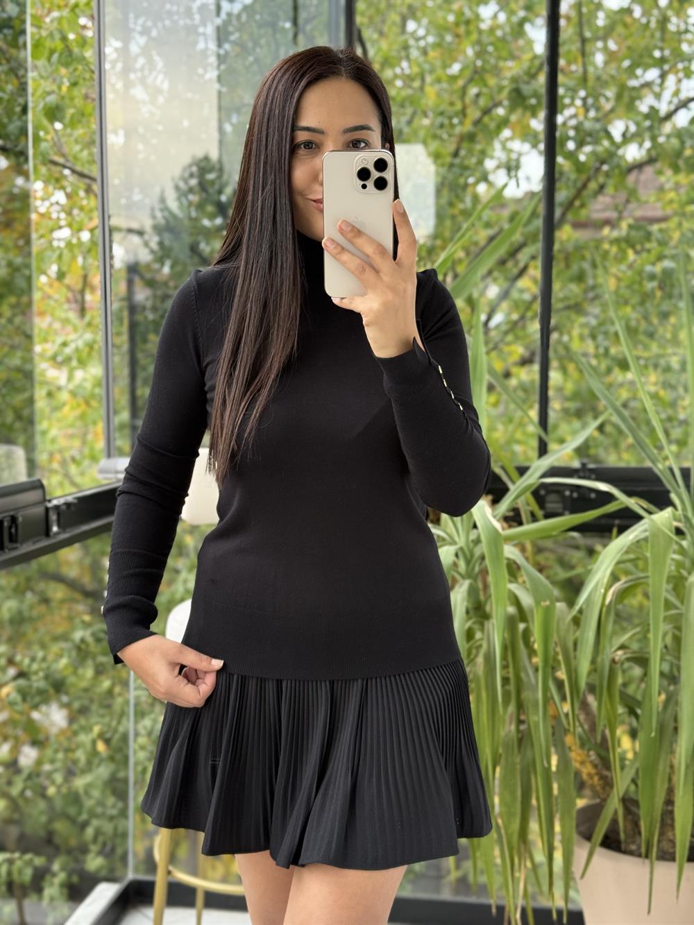 Dilvin Balıkçı Yaka Kol Ortası Droplu Triko Siyah