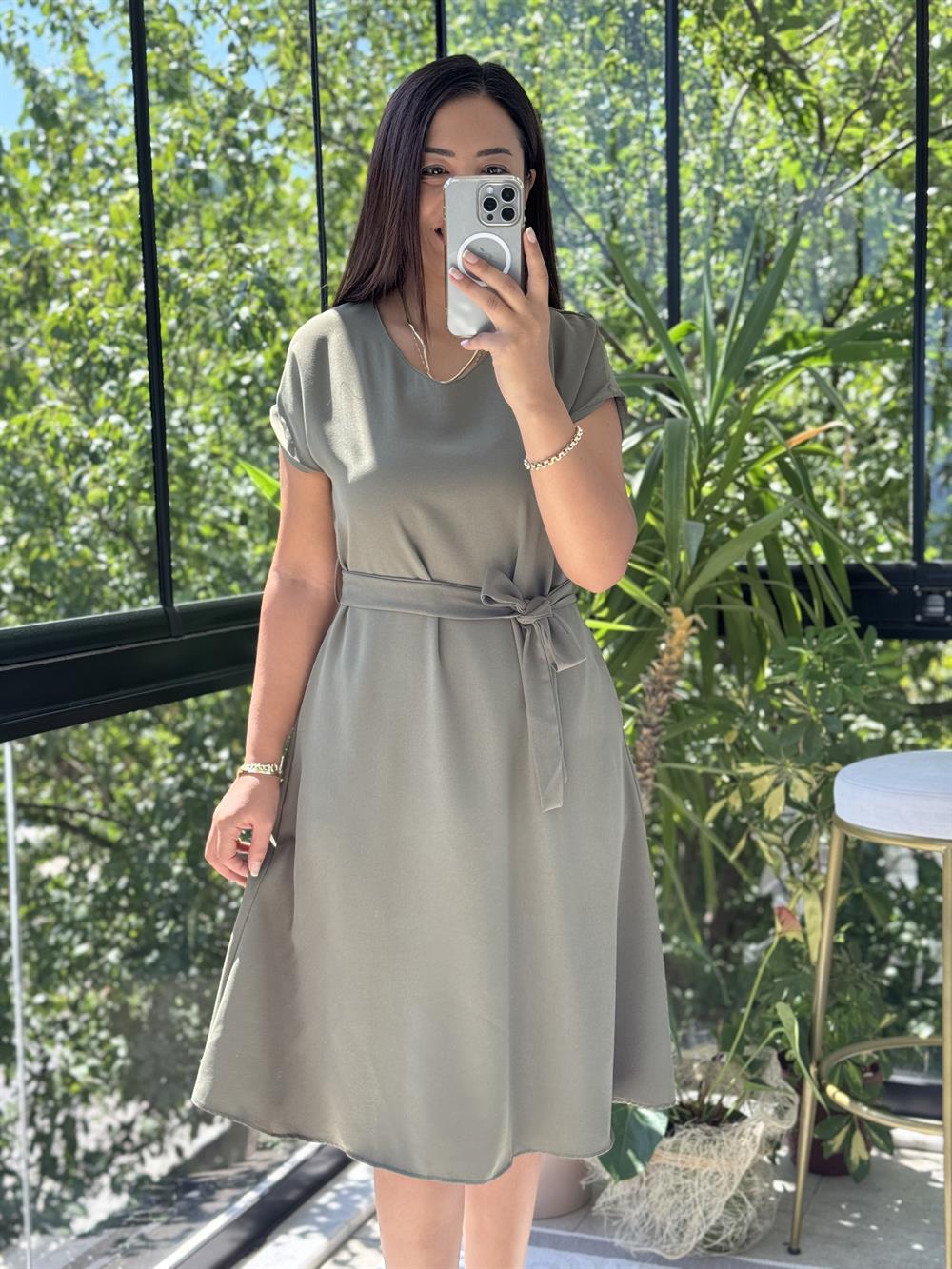 Aerobin Kuşaklı Elbise Haki Yeşili