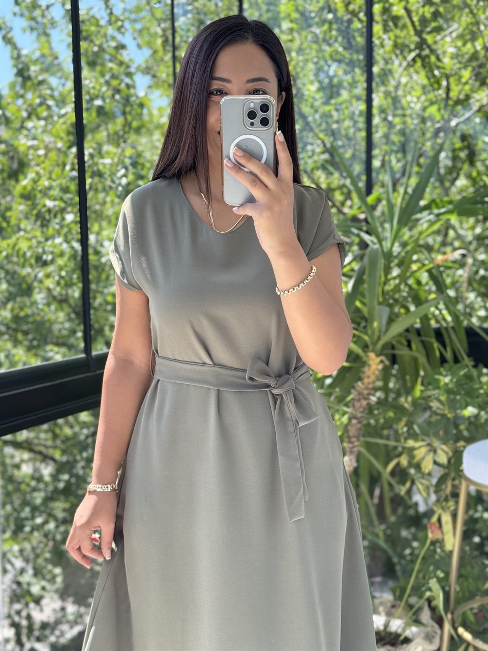 Aerobin Kuşaklı Elbise Haki Yeşili