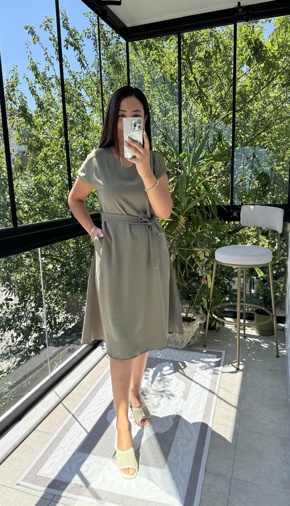 Aerobin Kuşaklı Elbise Haki Yeşili