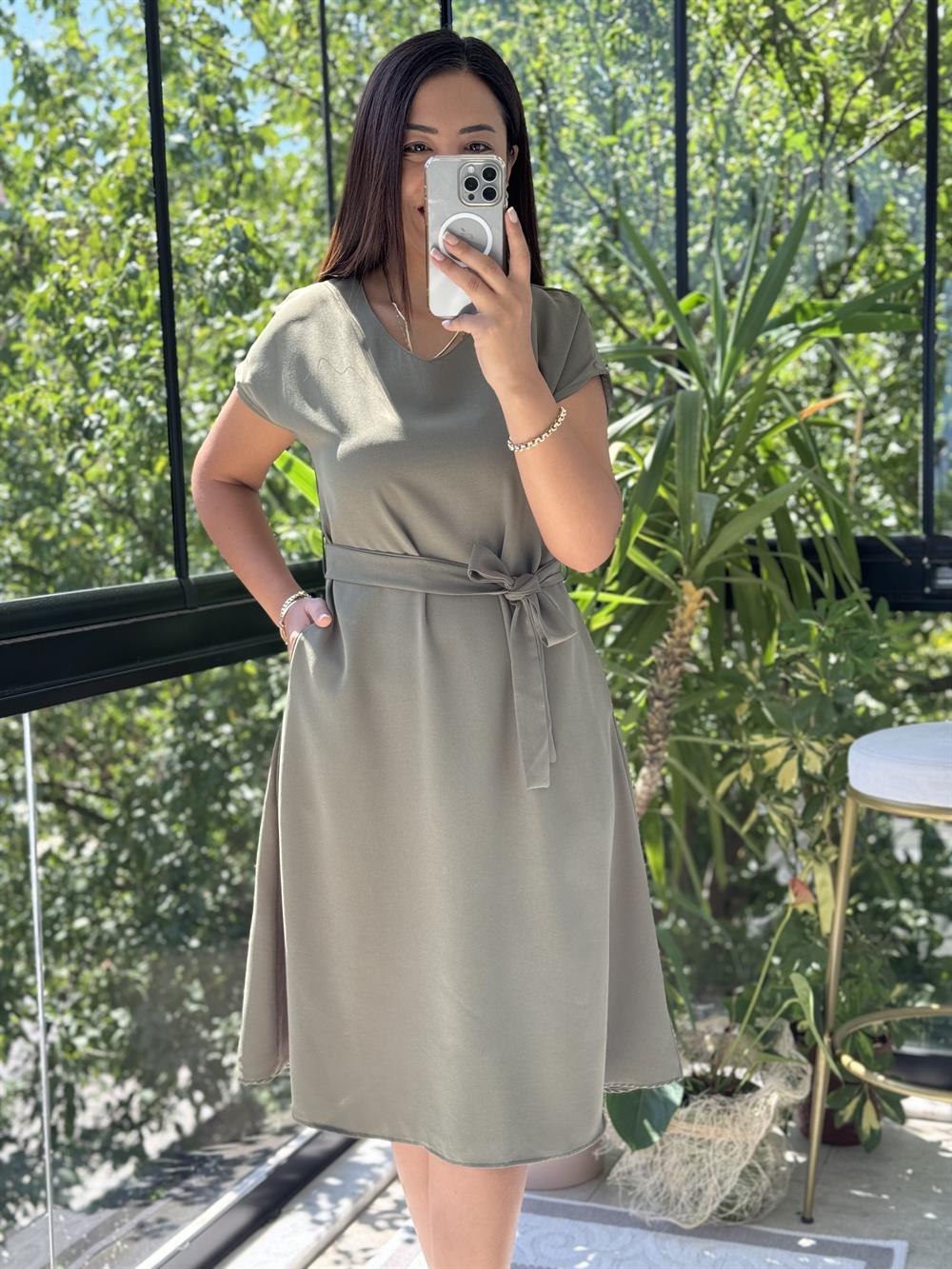 Aerobin Kuşaklı Elbise Haki Yeşili
