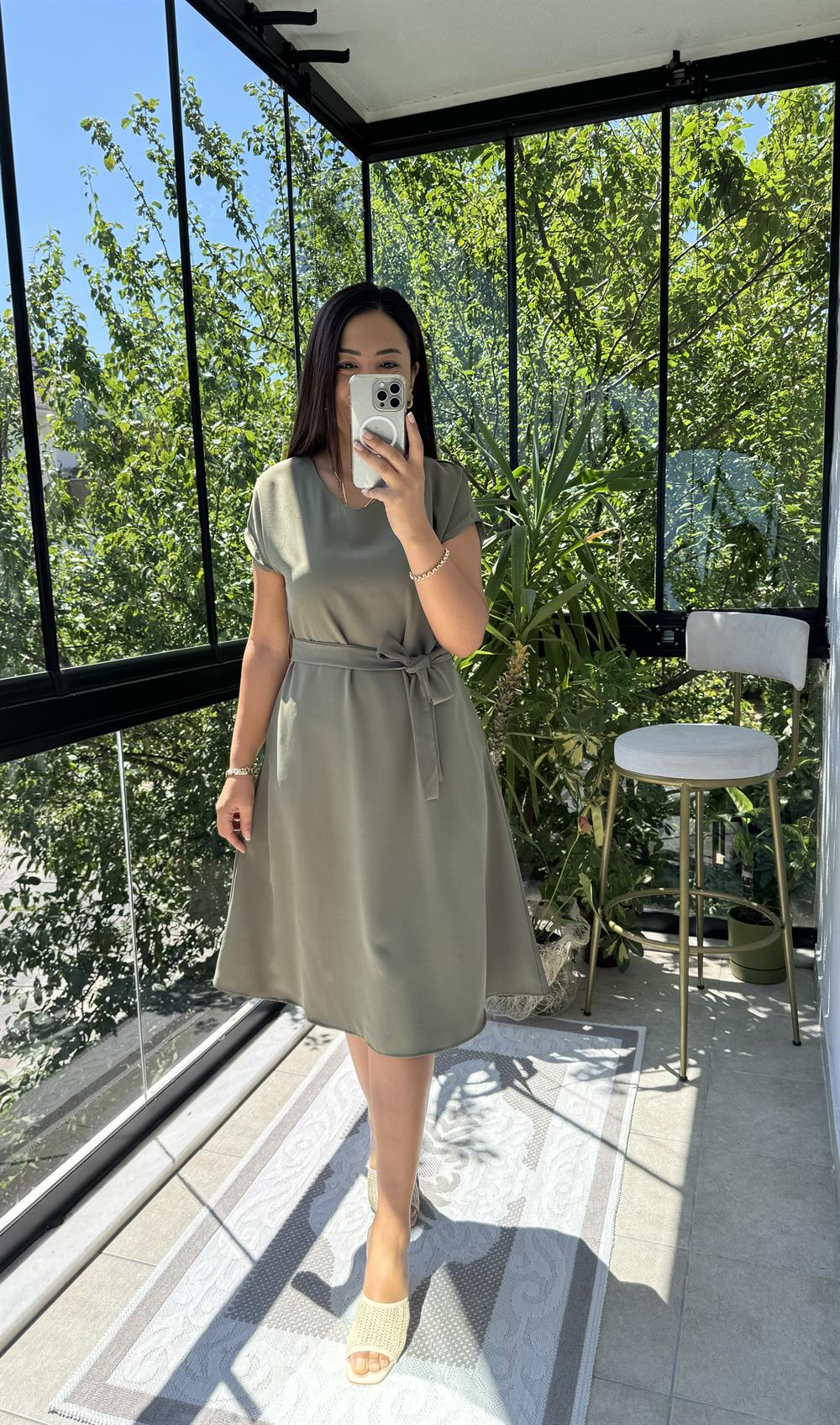 Aerobin Kuşaklı Elbise Haki Yeşili