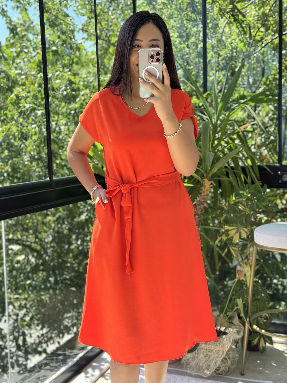 Aerobin Kuşaklı Elbise Turuncu
