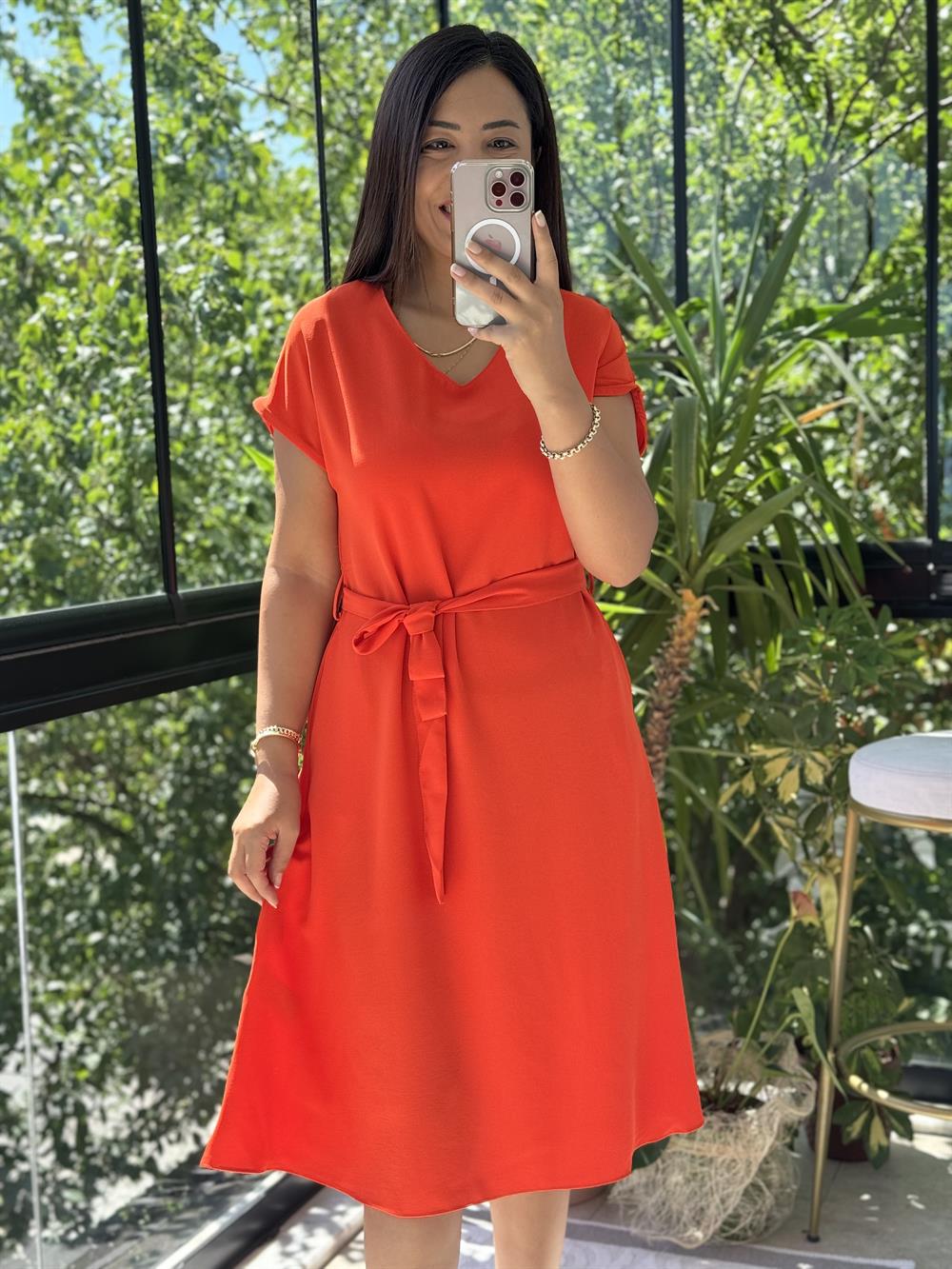 Aerobin Kuşaklı Elbise Turuncu