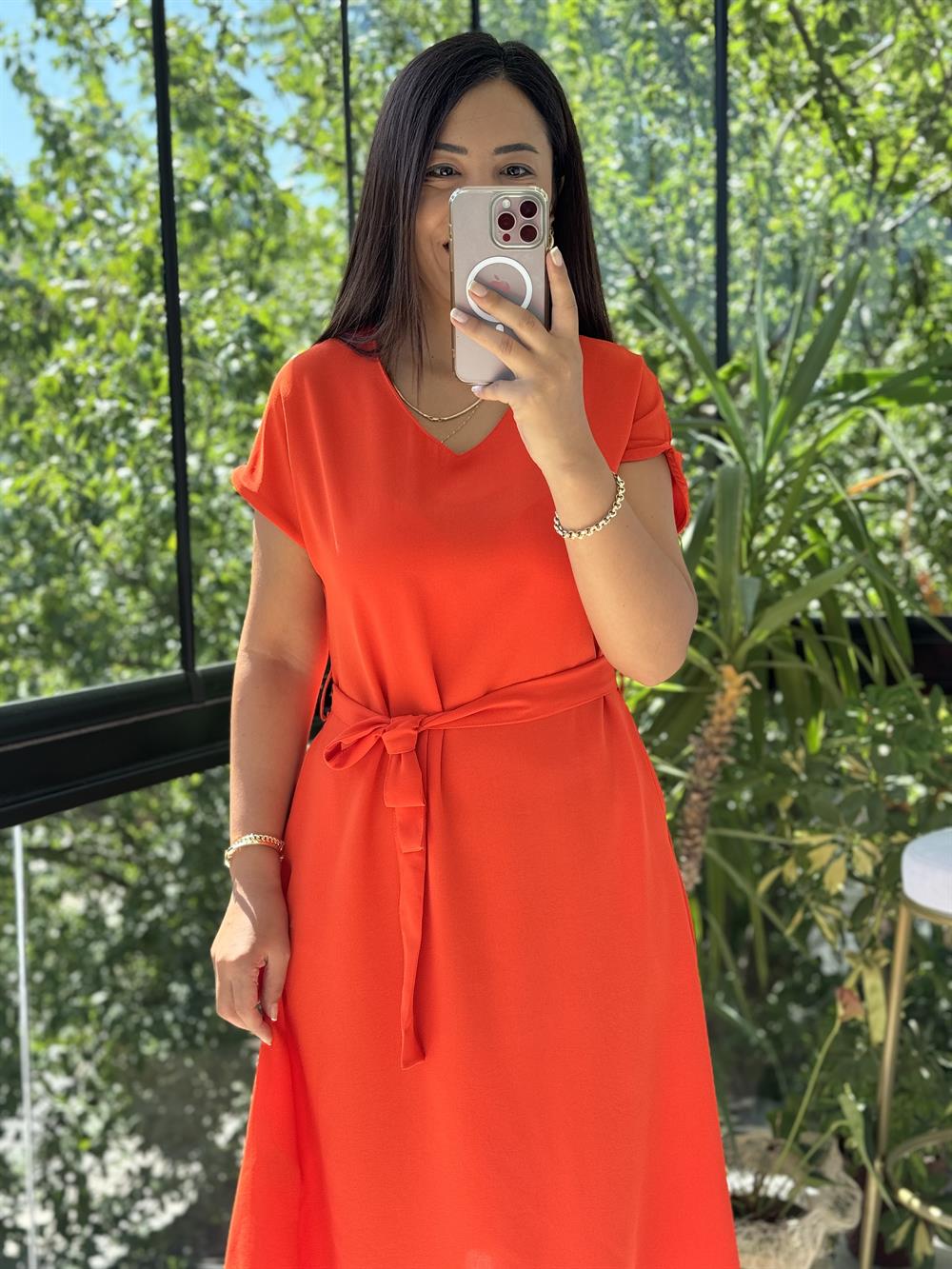 Aerobin Kuşaklı Elbise Turuncu