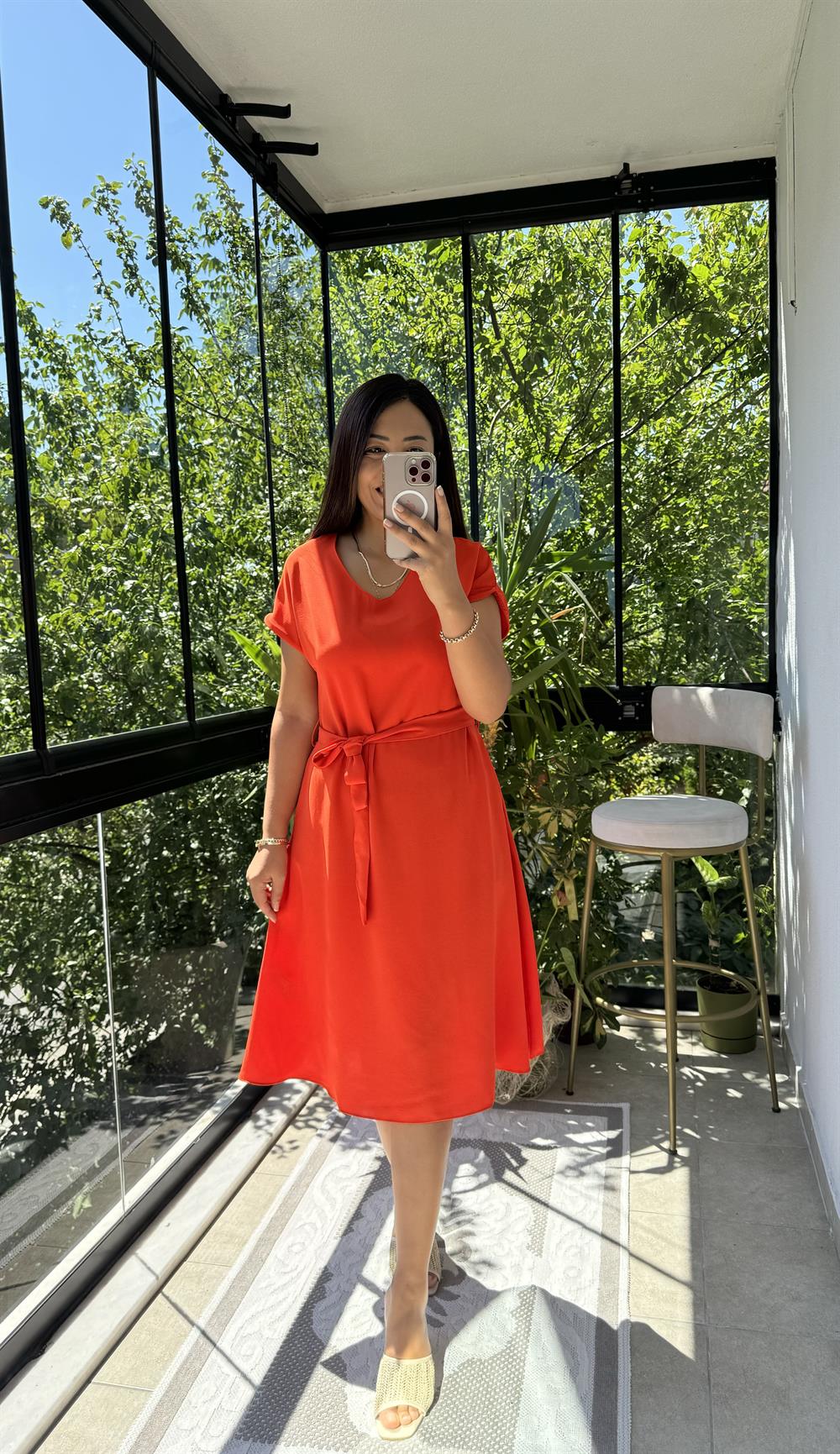 Aerobin Kuşaklı Elbise Turuncu