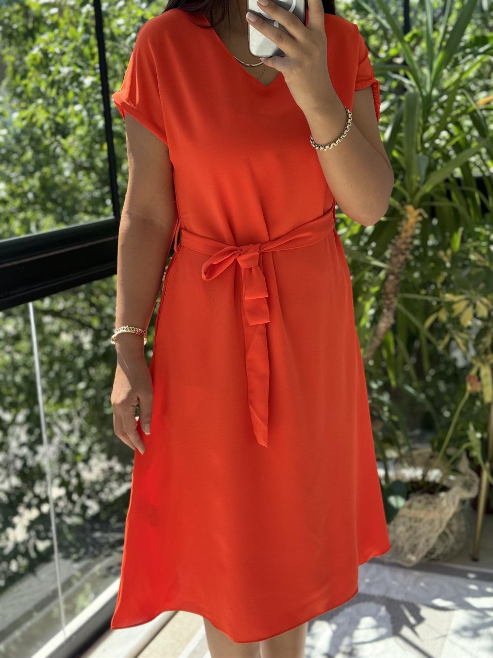 Aerobin Kuşaklı Elbise Turuncu