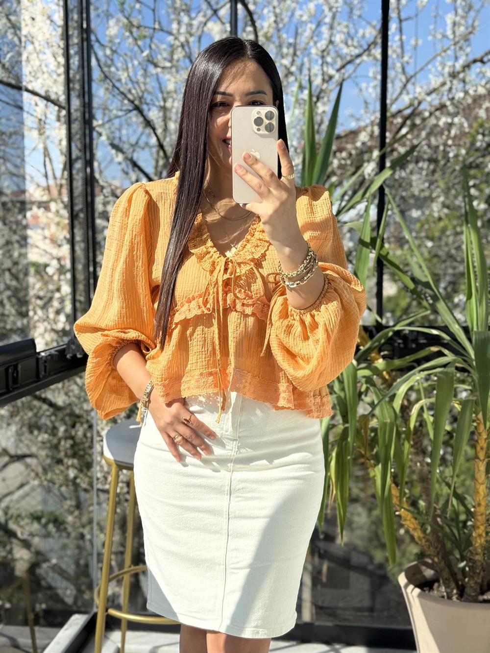 Dantelli Uzun Kol Bluz Turuncu