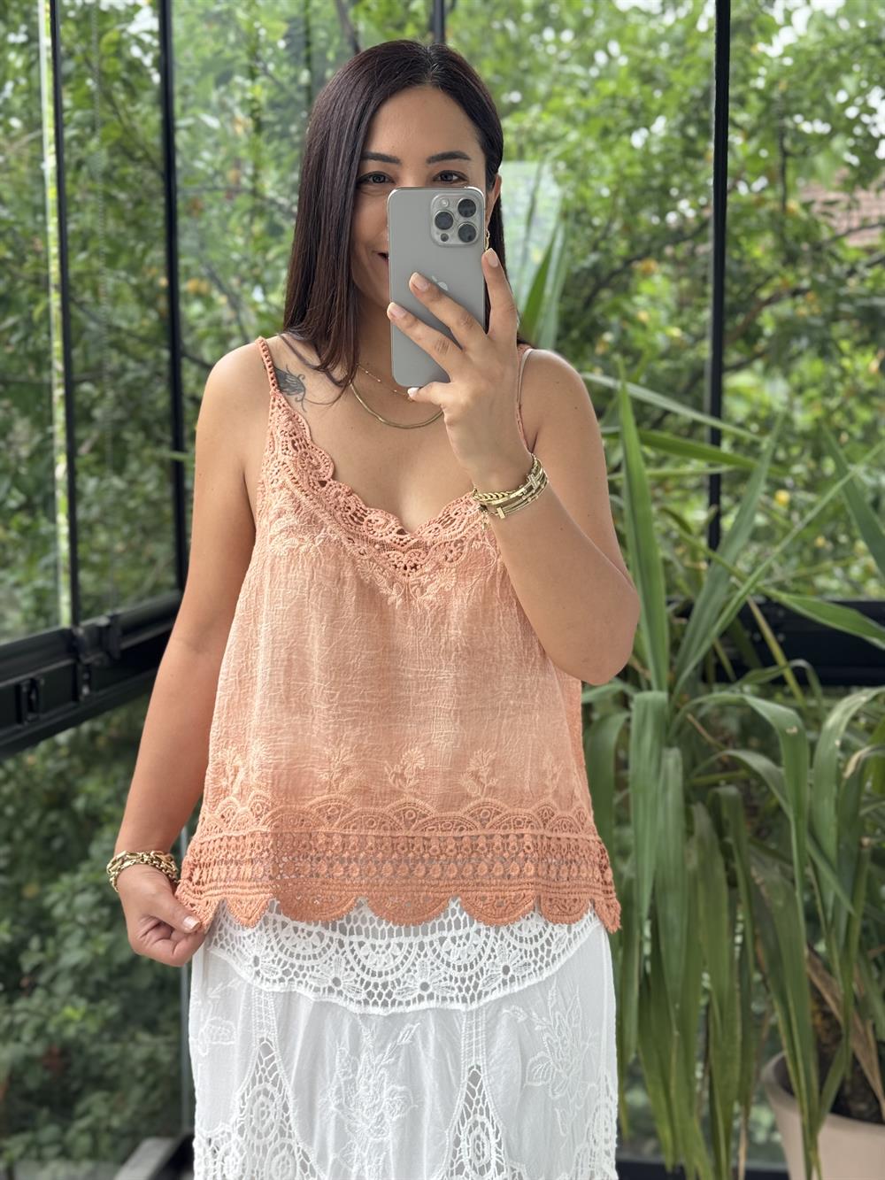 Altı Dantelli Nakışlı Atlet Turuncu