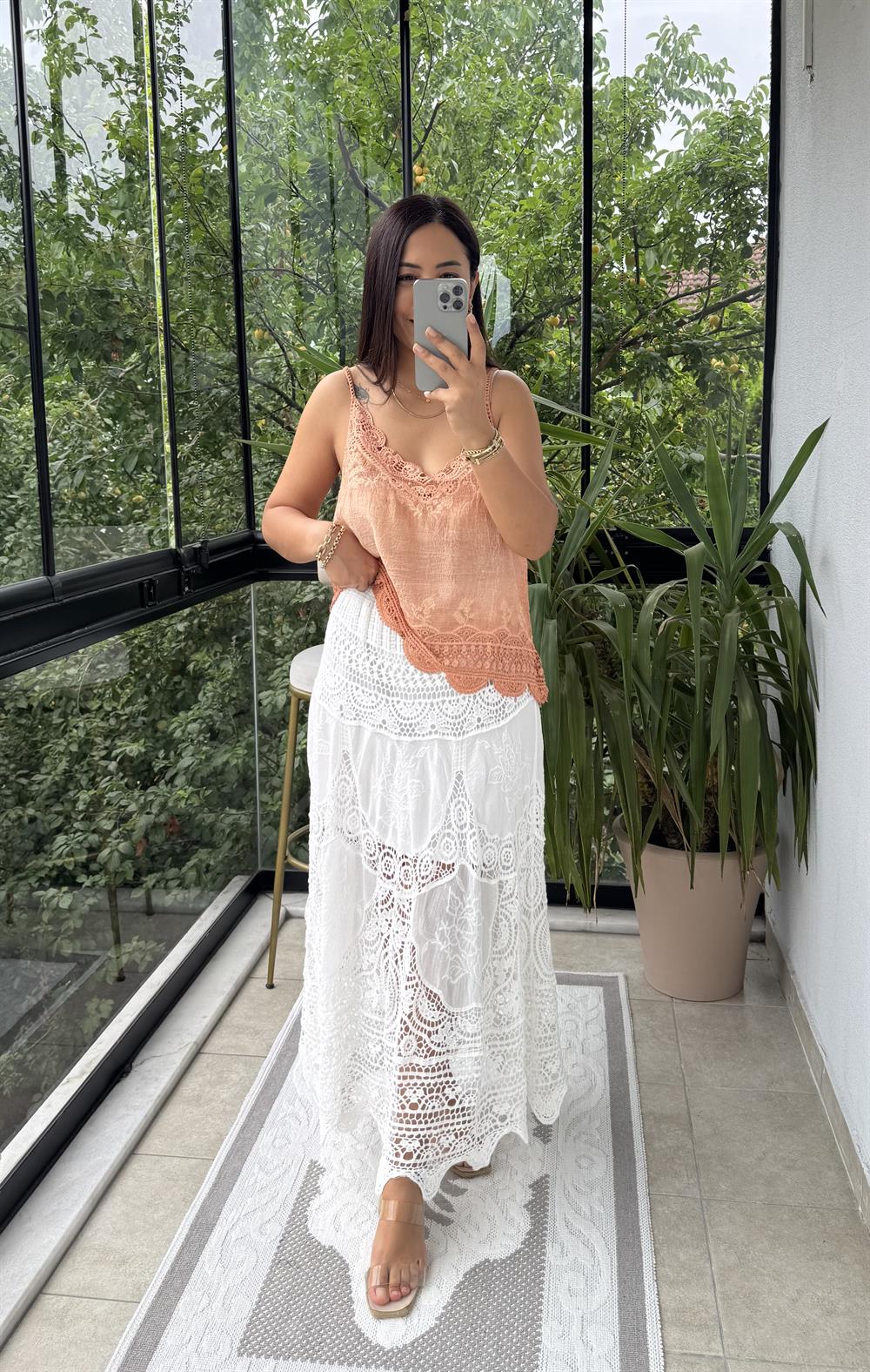 Altı Dantelli Nakışlı Atlet Turuncu