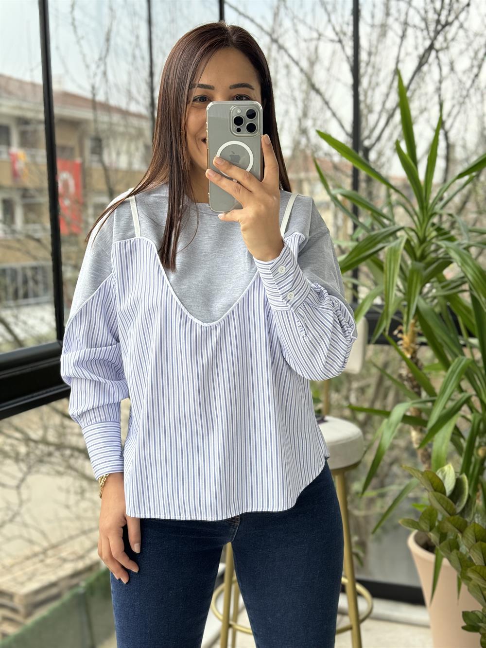 Altı Gömlekli Sweatshirt Gri