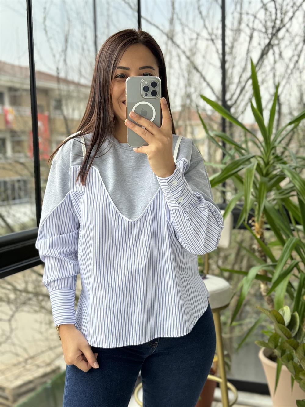 Altı Gömlekli Sweatshirt Gri