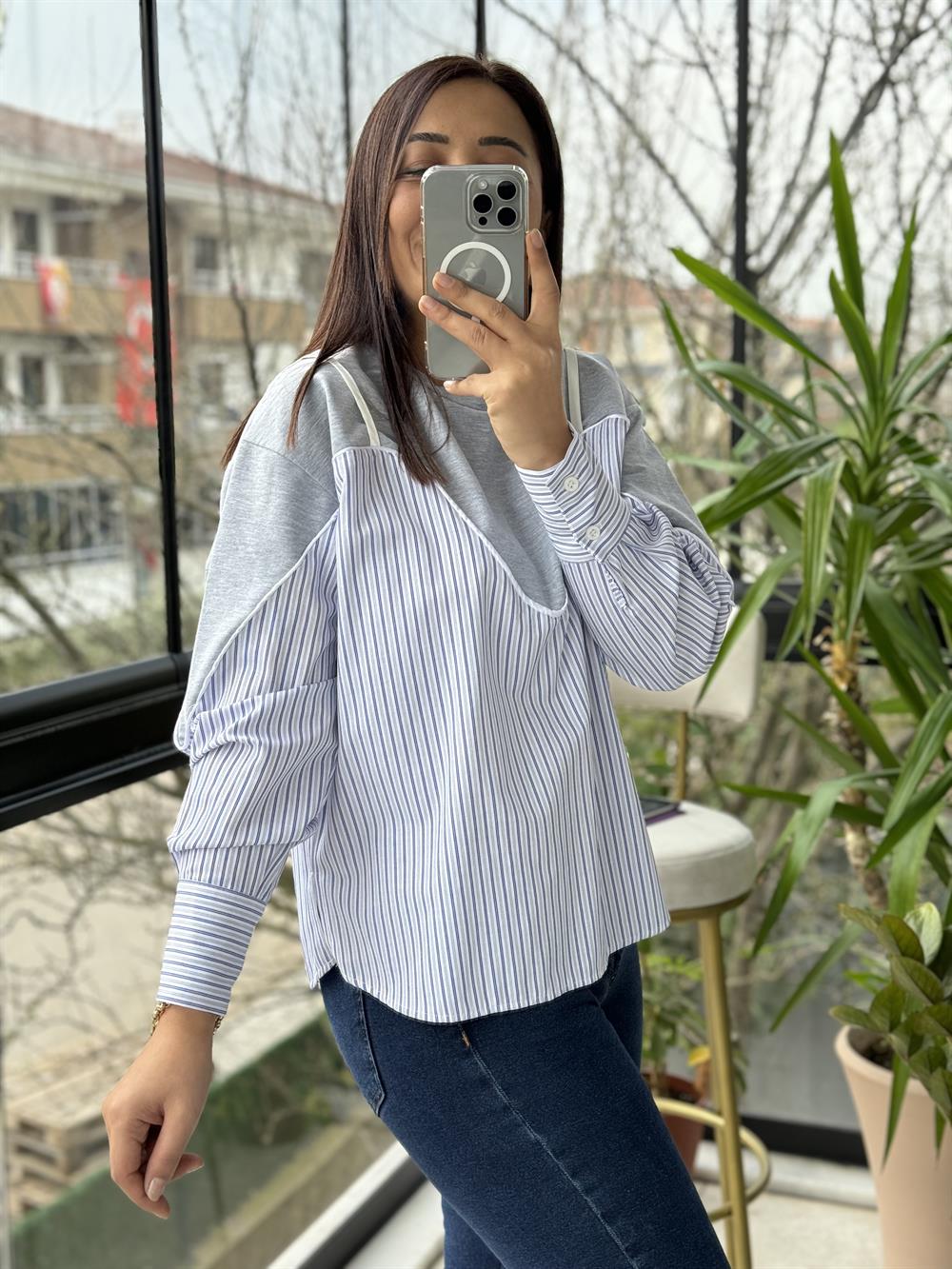 Altı Gömlekli Sweatshirt Gri