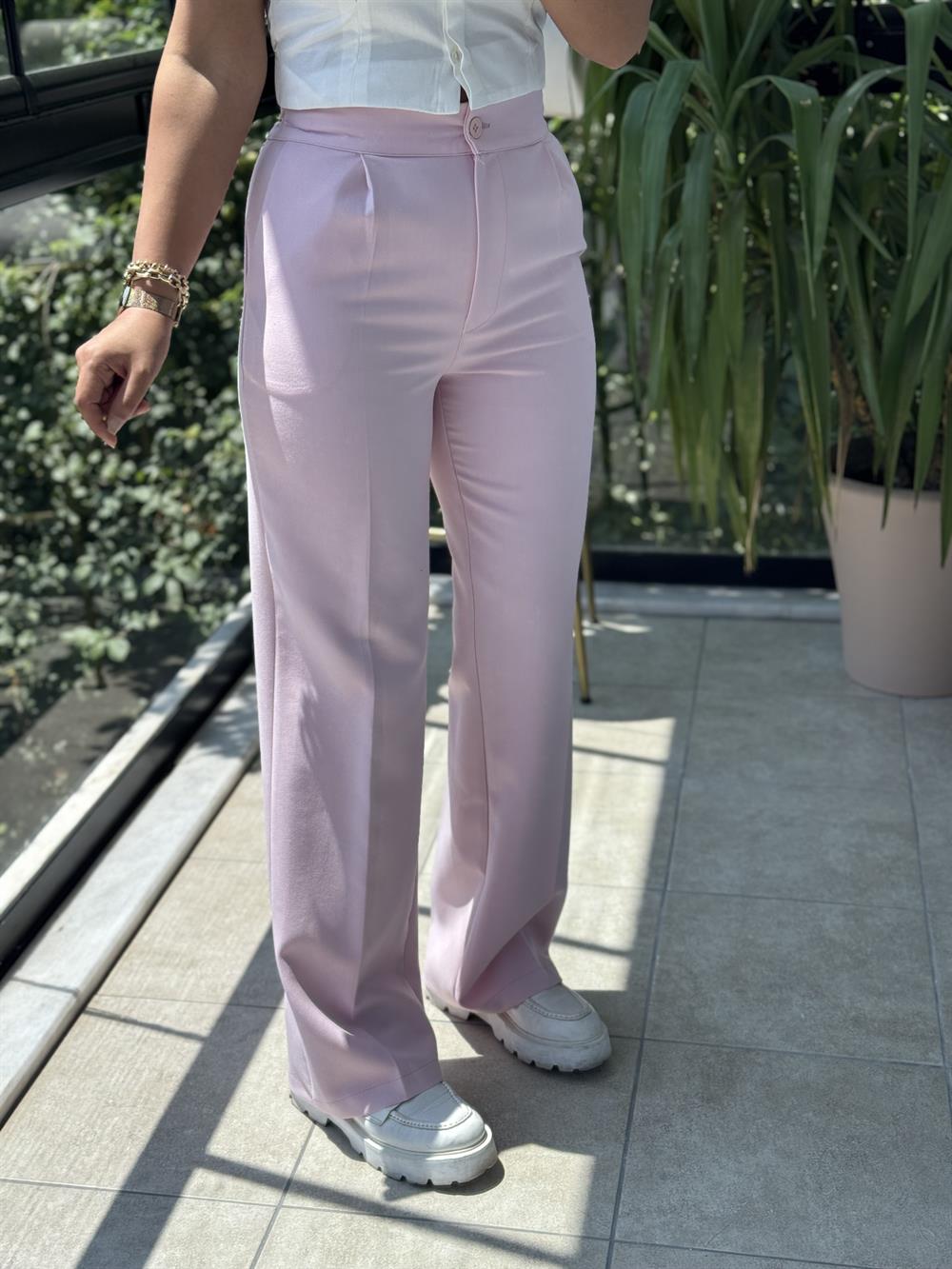 Arka Beli Lastikli Palazzo Kumaş Pantolon Pembe