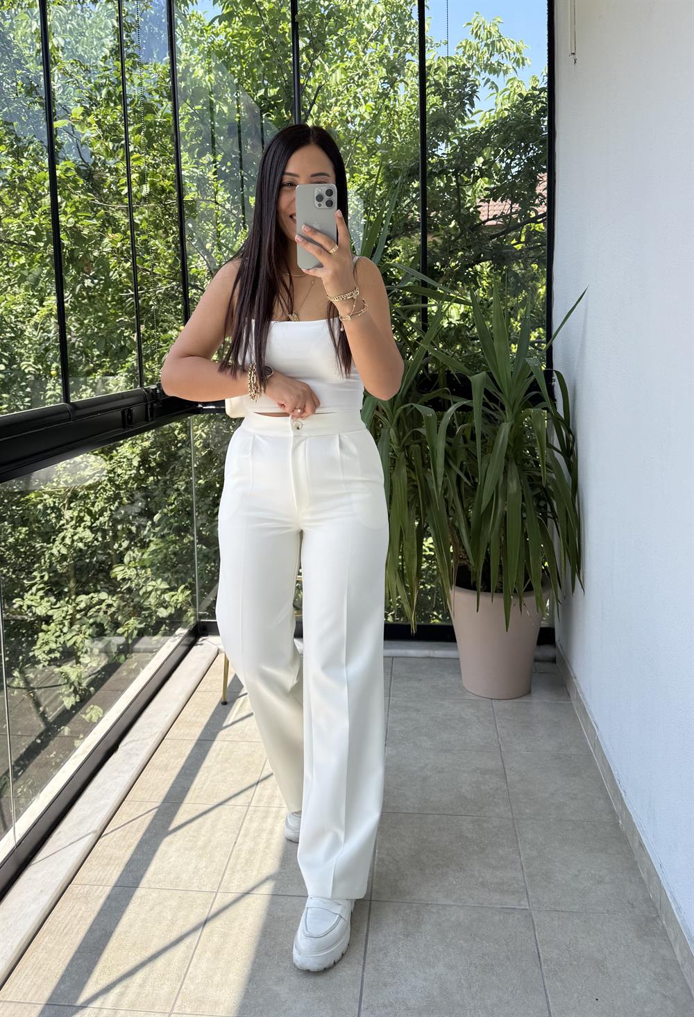 Arka Beli Lastikli Palazzo Kumaş Pantolon Krem