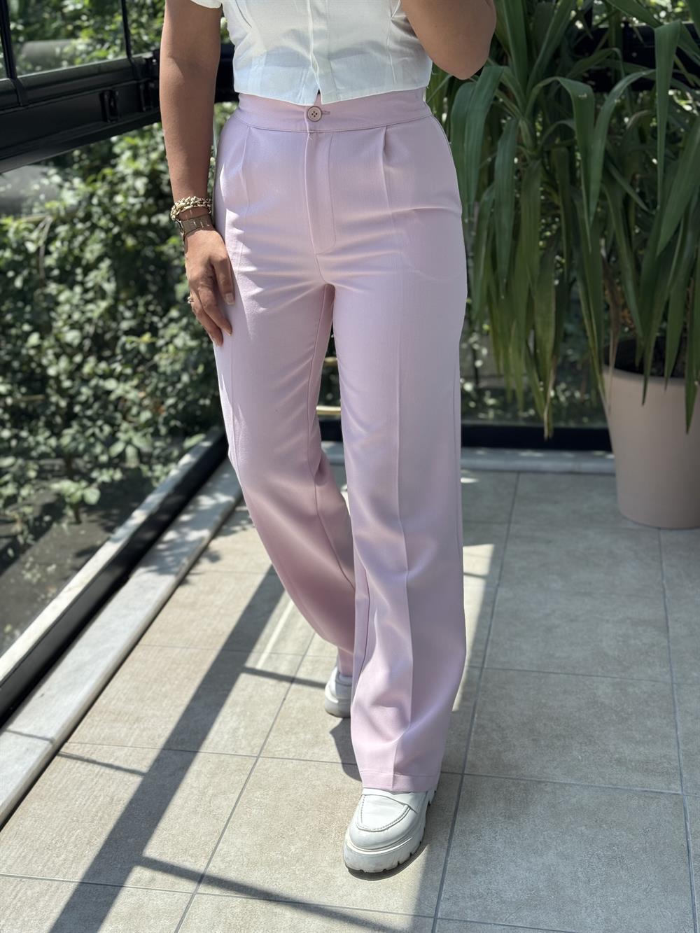 Arka Beli Lastikli Palazzo Kumaş Pantolon Pembe