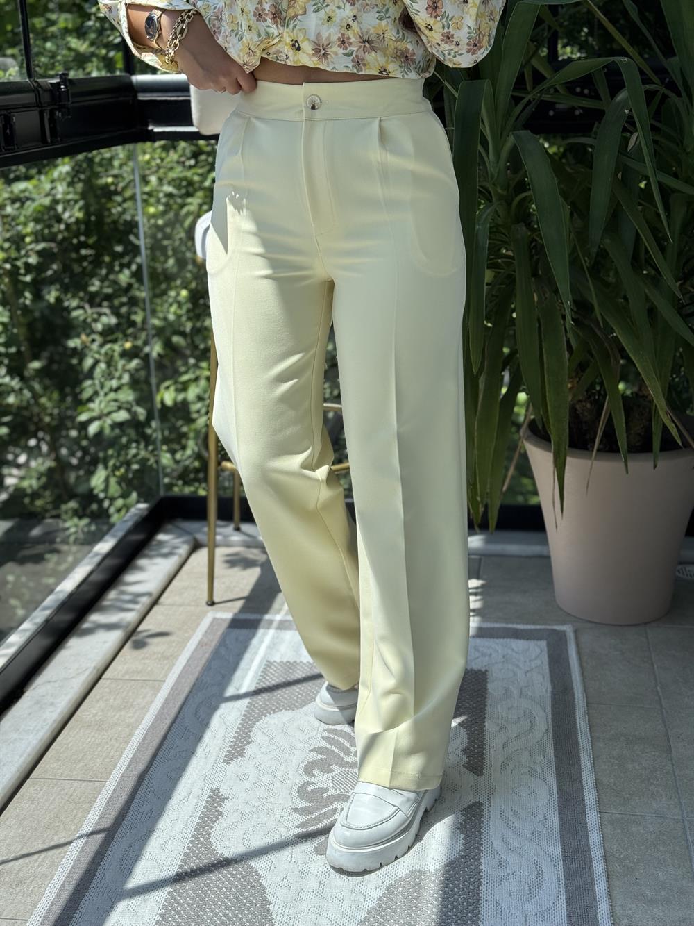 Arka Beli Lastikli Palazzo Kumaş Pantolon Sarı