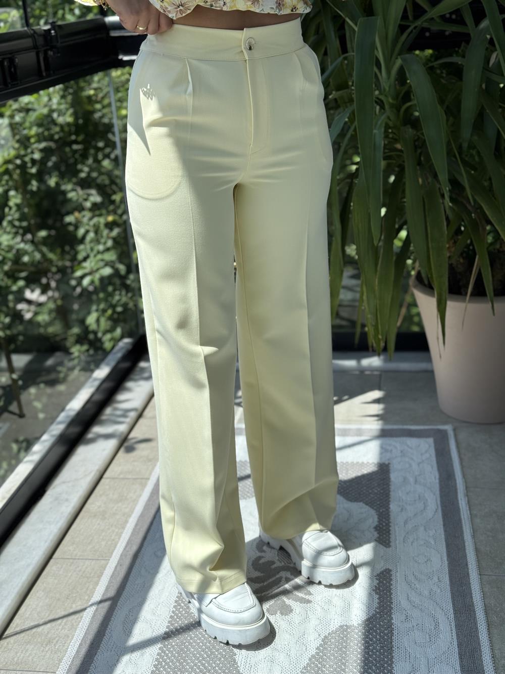 Arka Beli Lastikli Palazzo Kumaş Pantolon Sarı