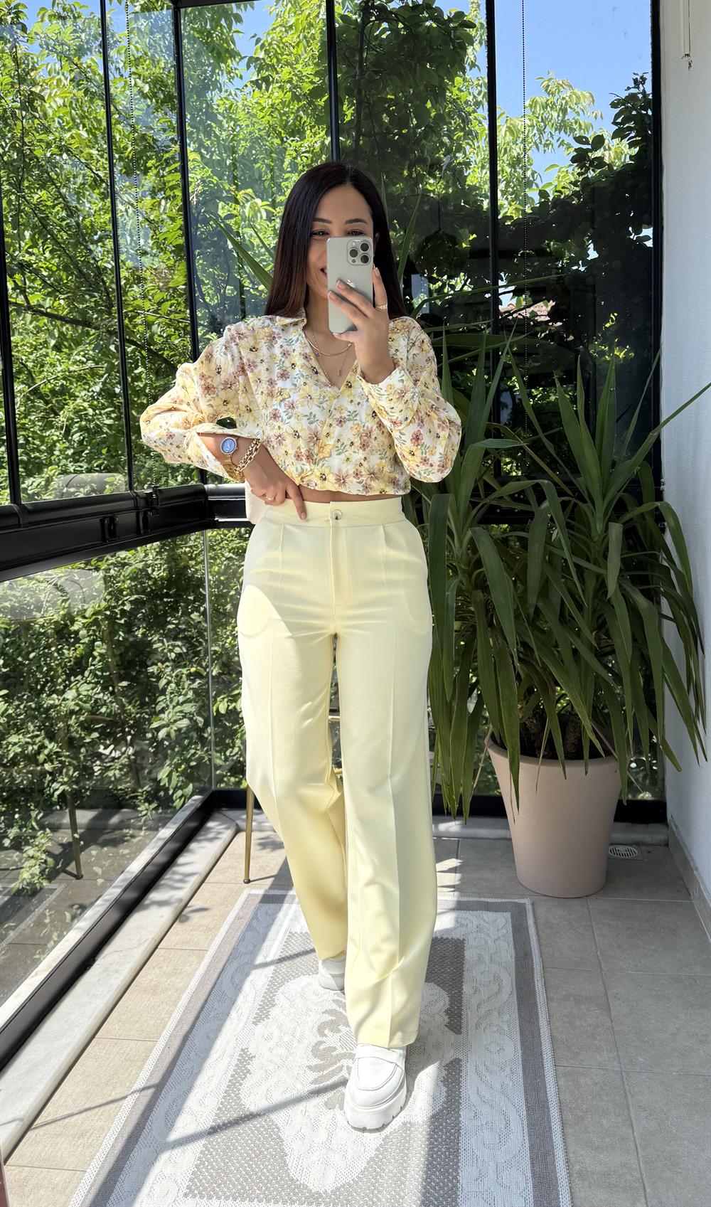 Arka Beli Lastikli Palazzo Kumaş Pantolon Sarı