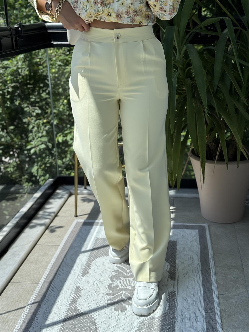 Arka Beli Lastikli Palazzo Kumaş Pantolon Sarı