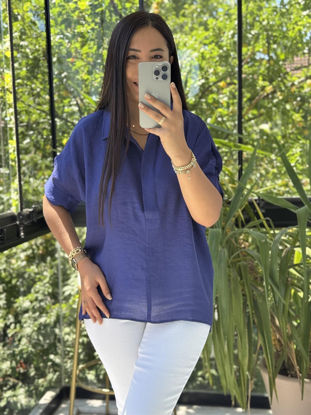 Arkası Düğmeli Gömlek Lacivert