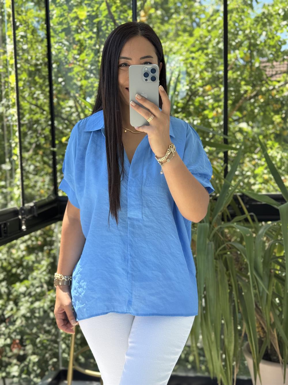 Arkası Düğmeli Gömlek Mavi