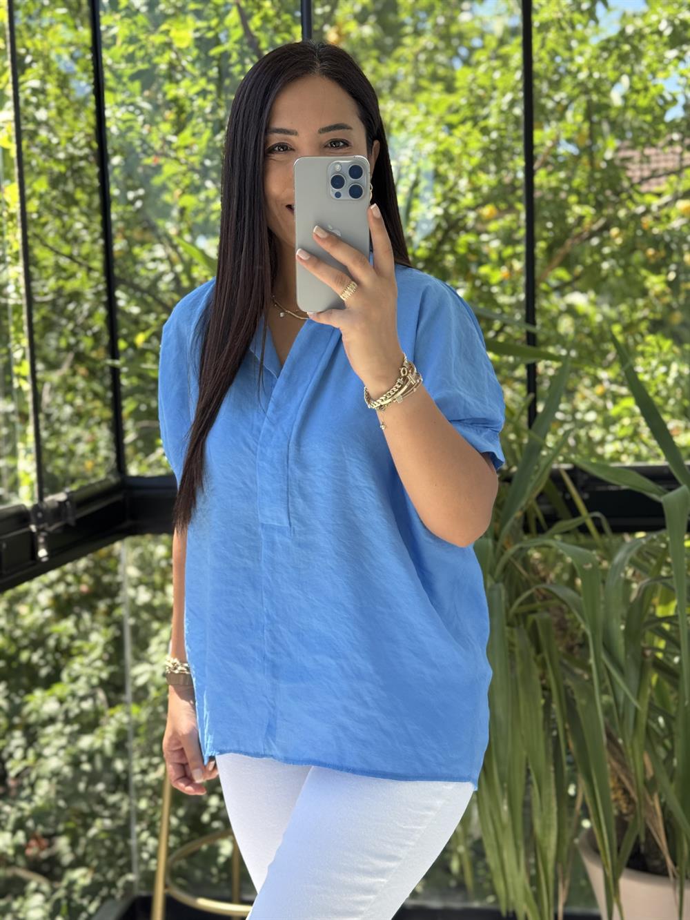 Arkası Düğmeli Gömlek Mavi