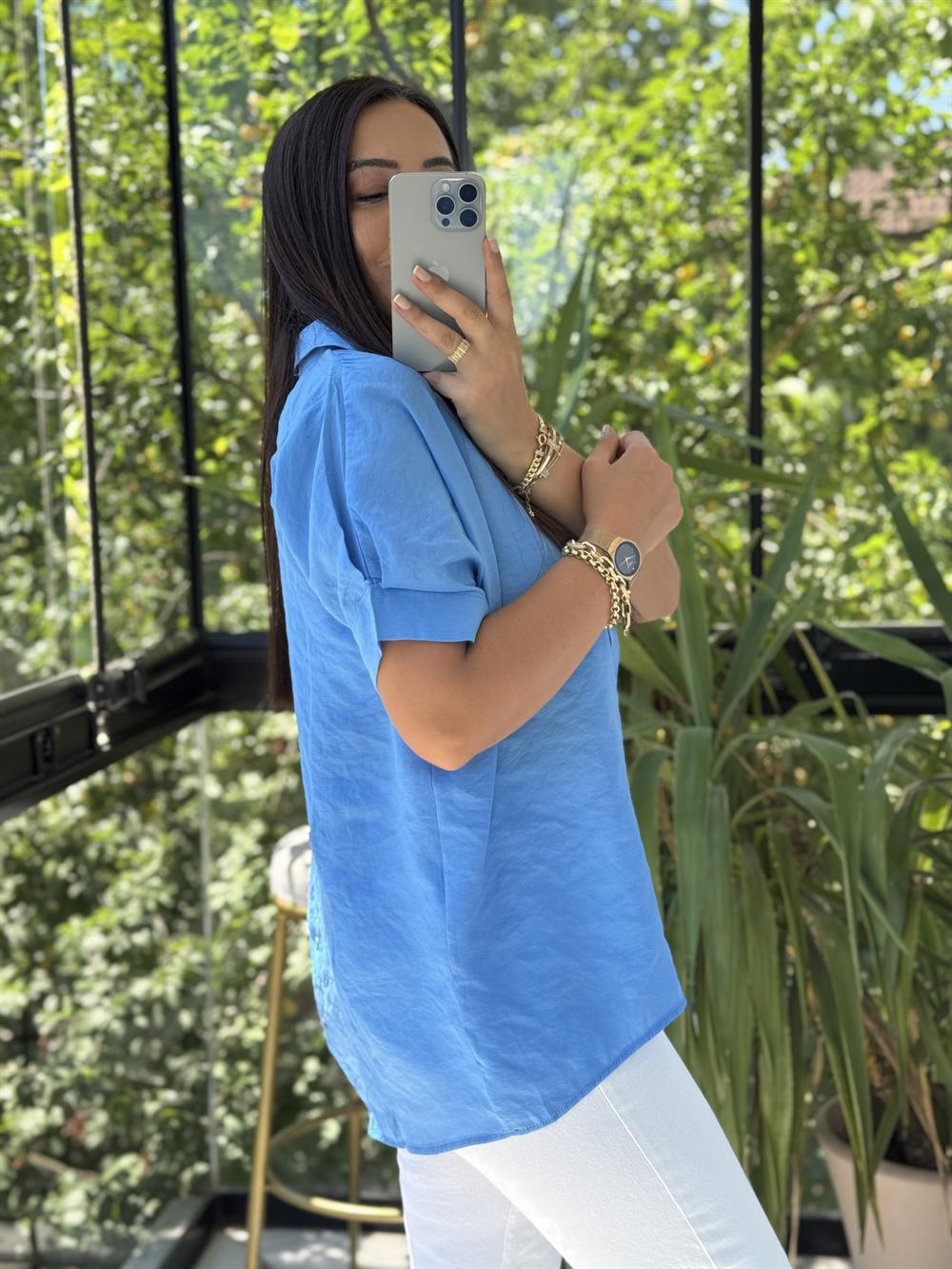 Arkası Düğmeli Gömlek Mavi