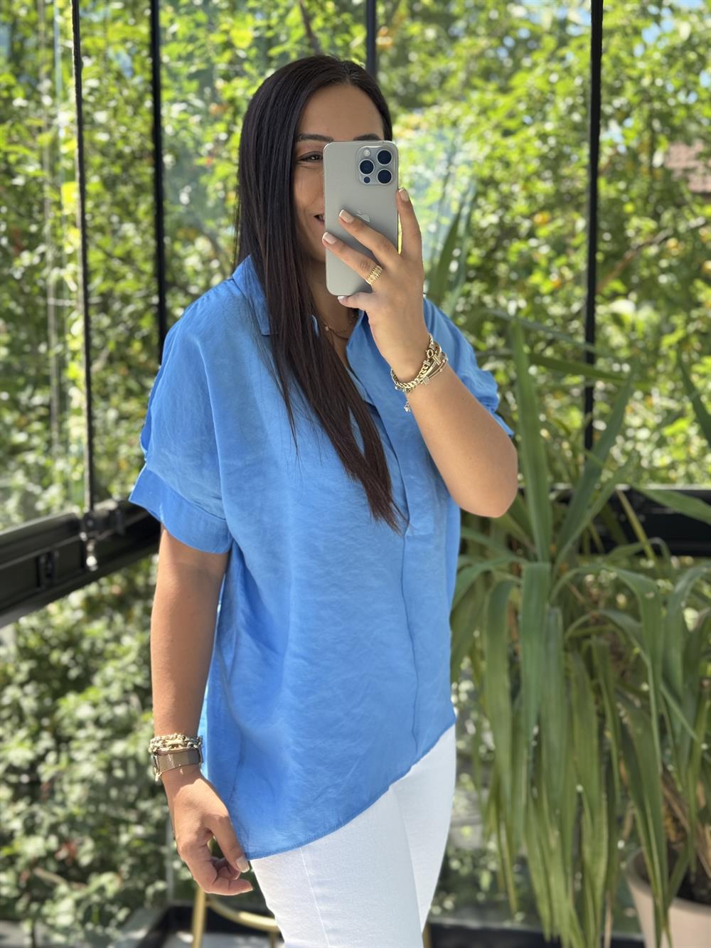 Arkası Düğmeli Gömlek Mavi