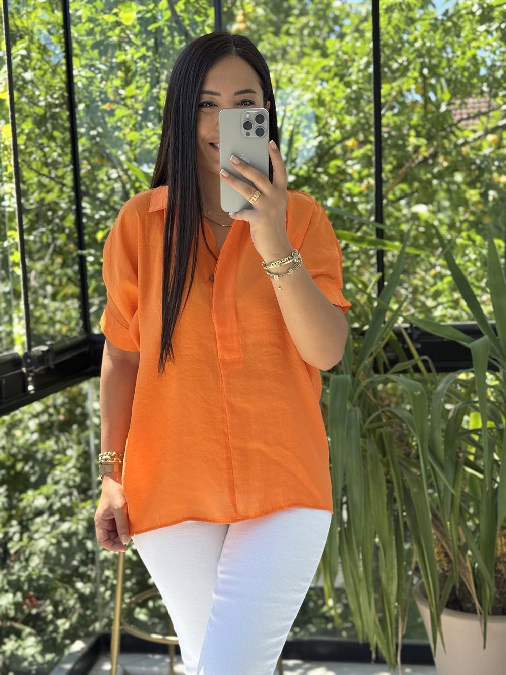 Arkası Düğmeli Gömlek Turuncu