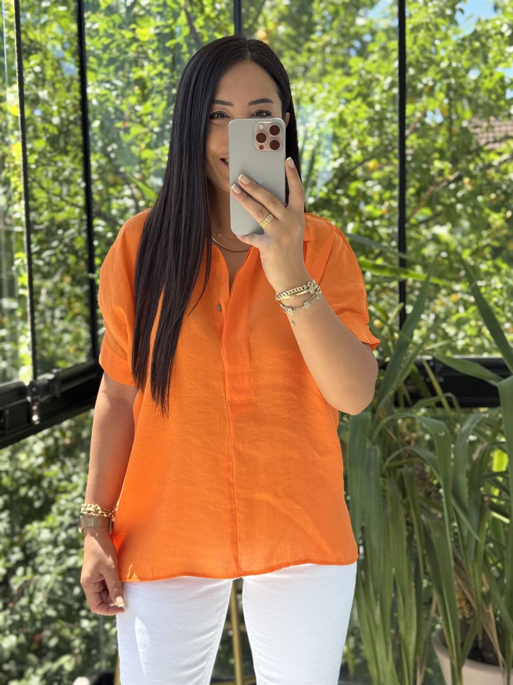 Arkası Düğmeli Gömlek Turuncu