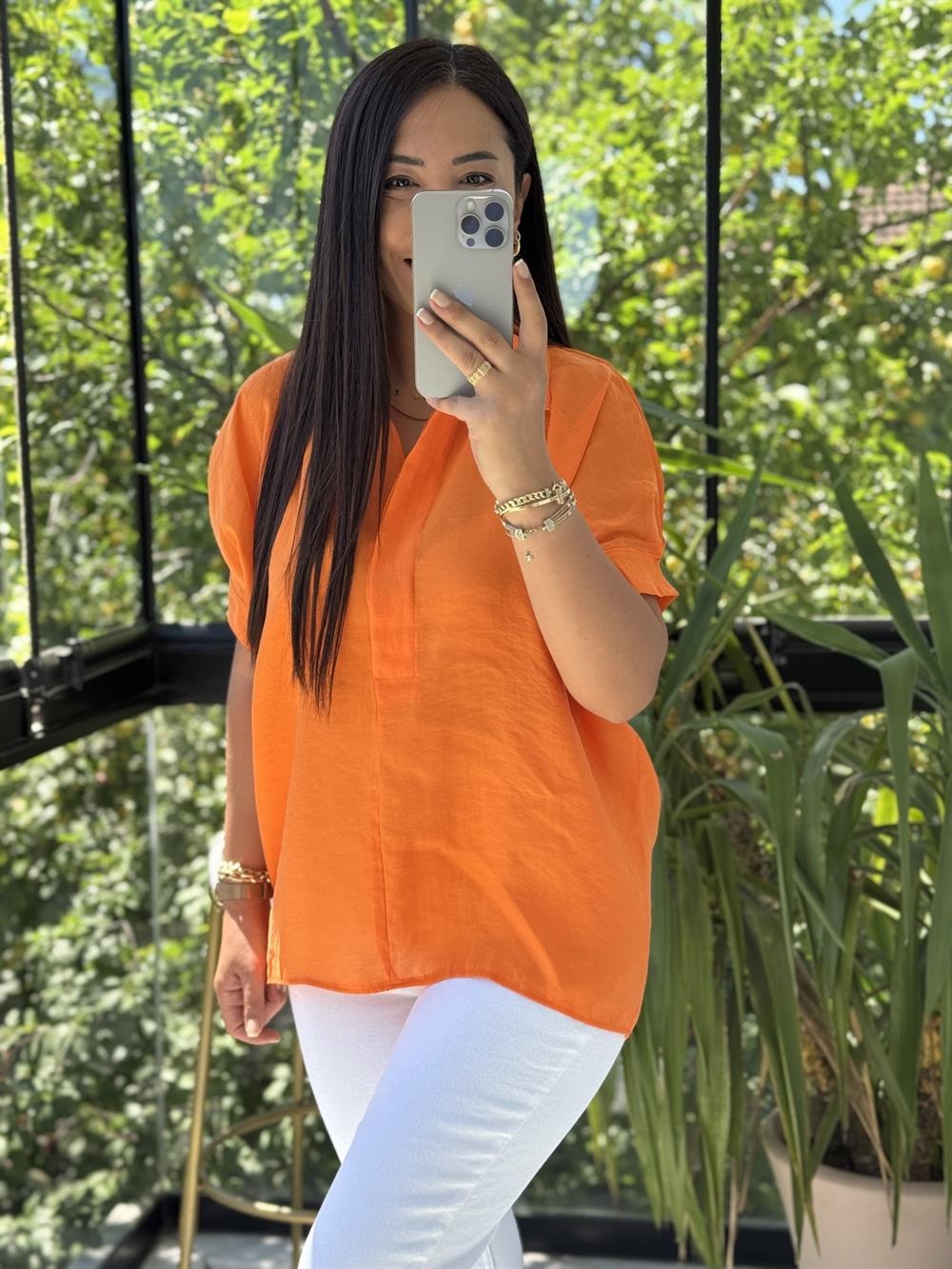 Arkası Düğmeli Gömlek Turuncu