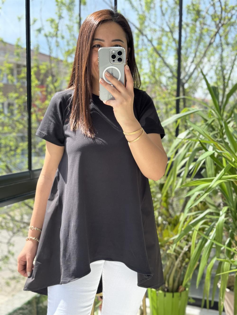 Arkası Poplin Tişört Siyah