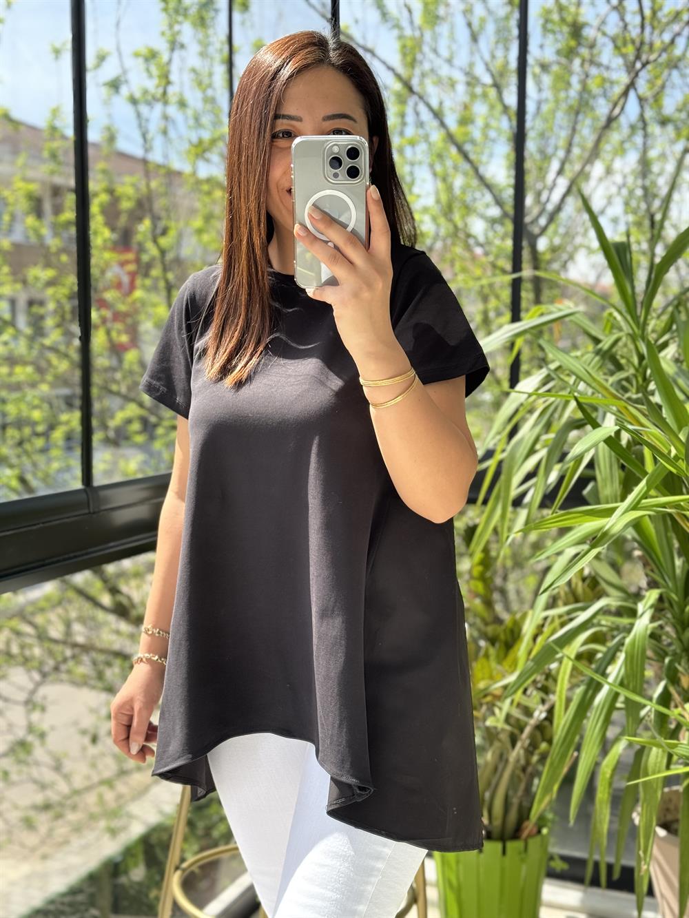 Arkası Poplin Tişört Siyah