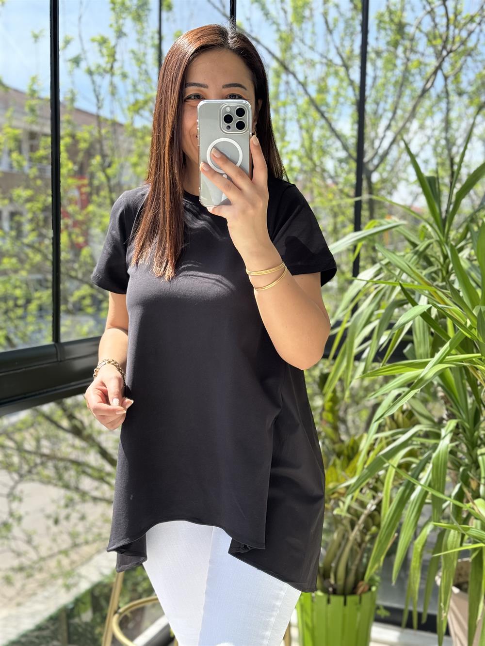 Arkası Poplin Tişört Siyah