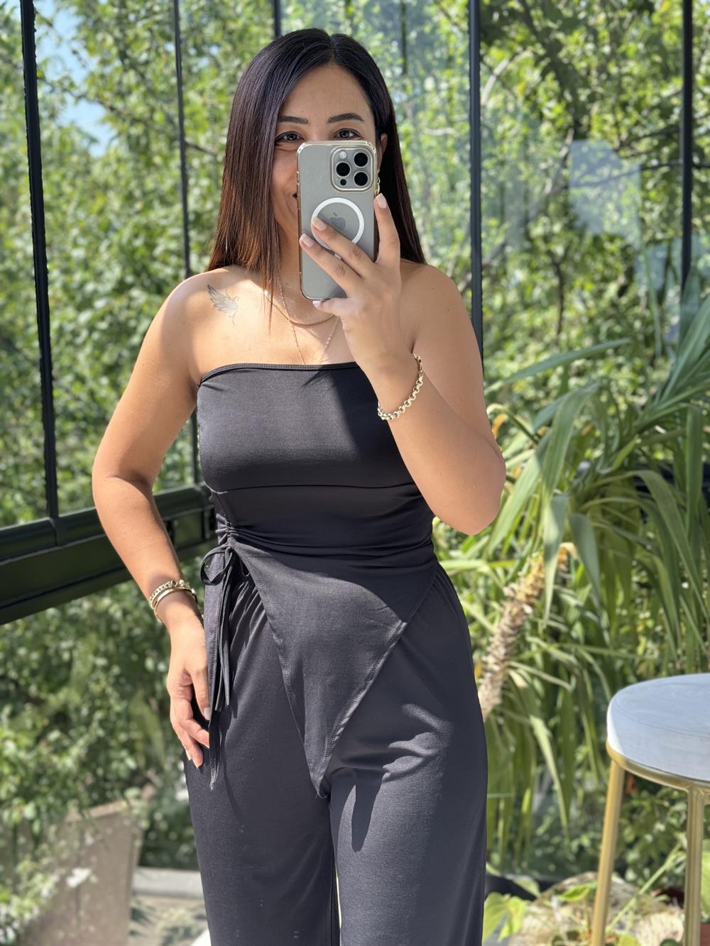 Asimetrik Büzgülü Takım Siyah