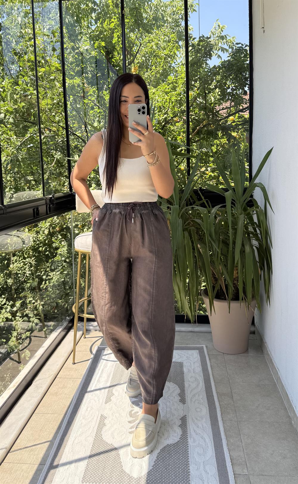 Asit Yıkamalı Bagi Pantolon Kahve