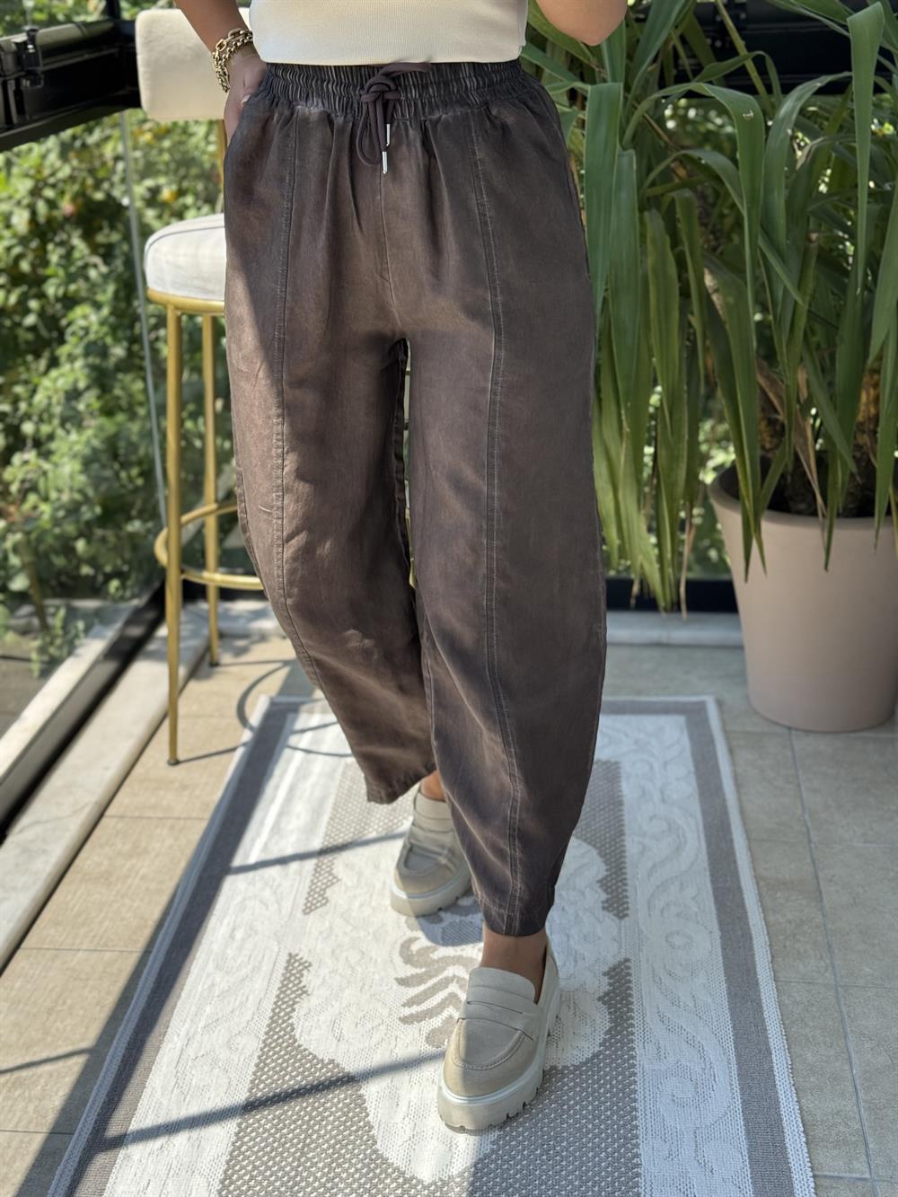 Asit Yıkamalı Bagi Pantolon Kahve