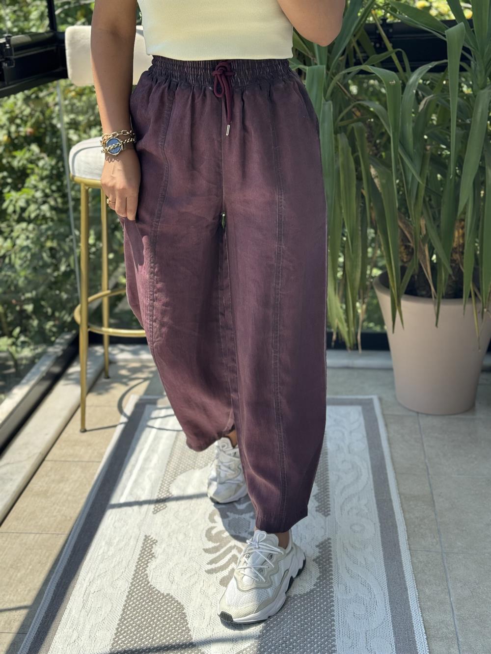 Asit Yıkamalı Bagi Pantolon Mürdüm