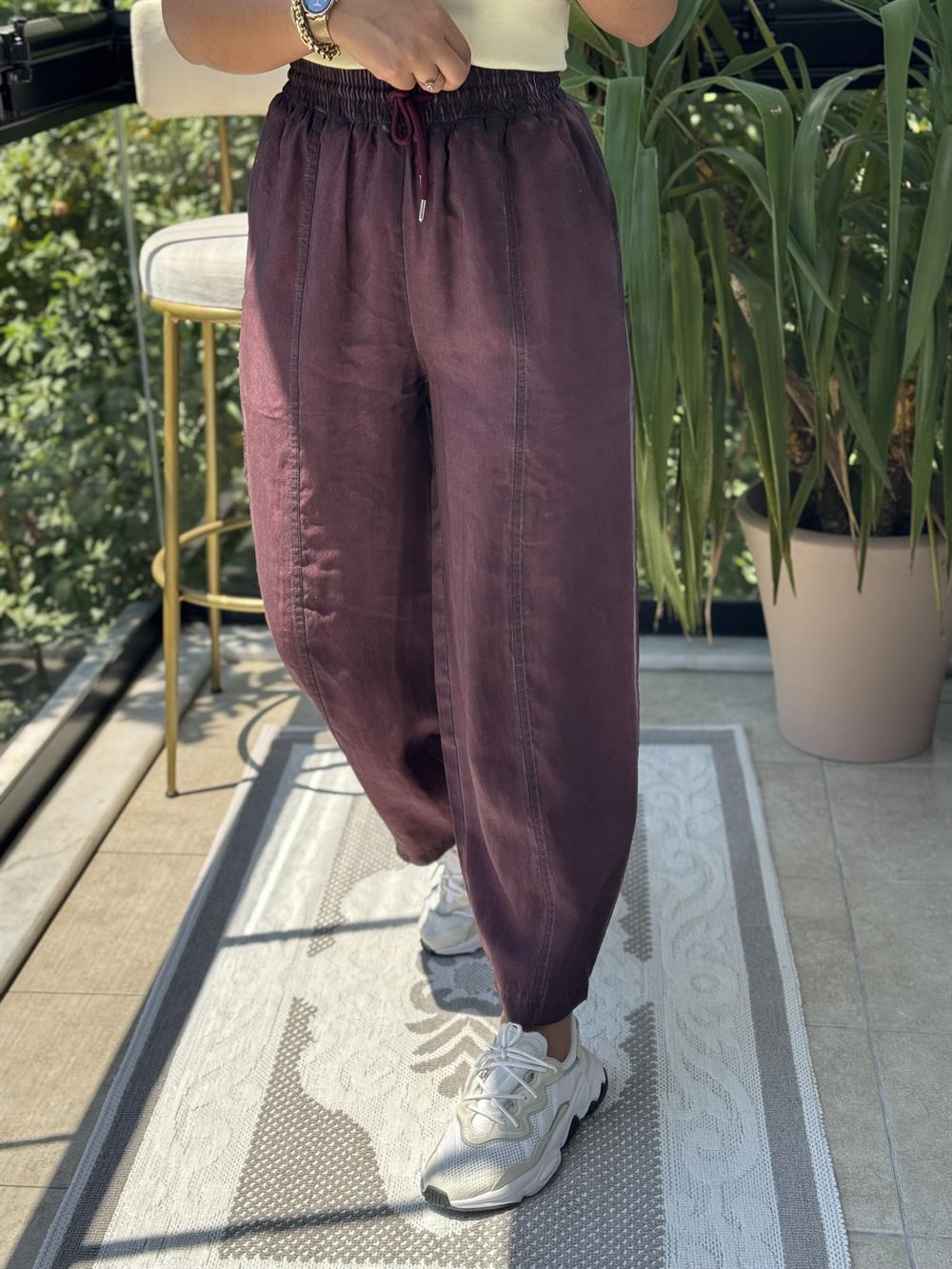 Asit Yıkamalı Bagi Pantolon Mürdüm