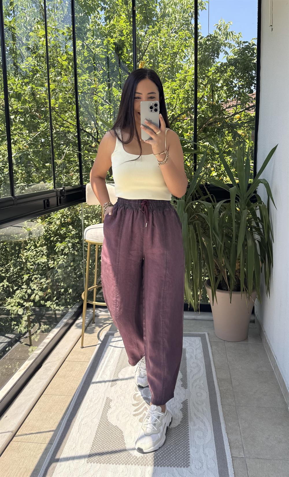 Asit Yıkamalı Bagi Pantolon Mürdüm