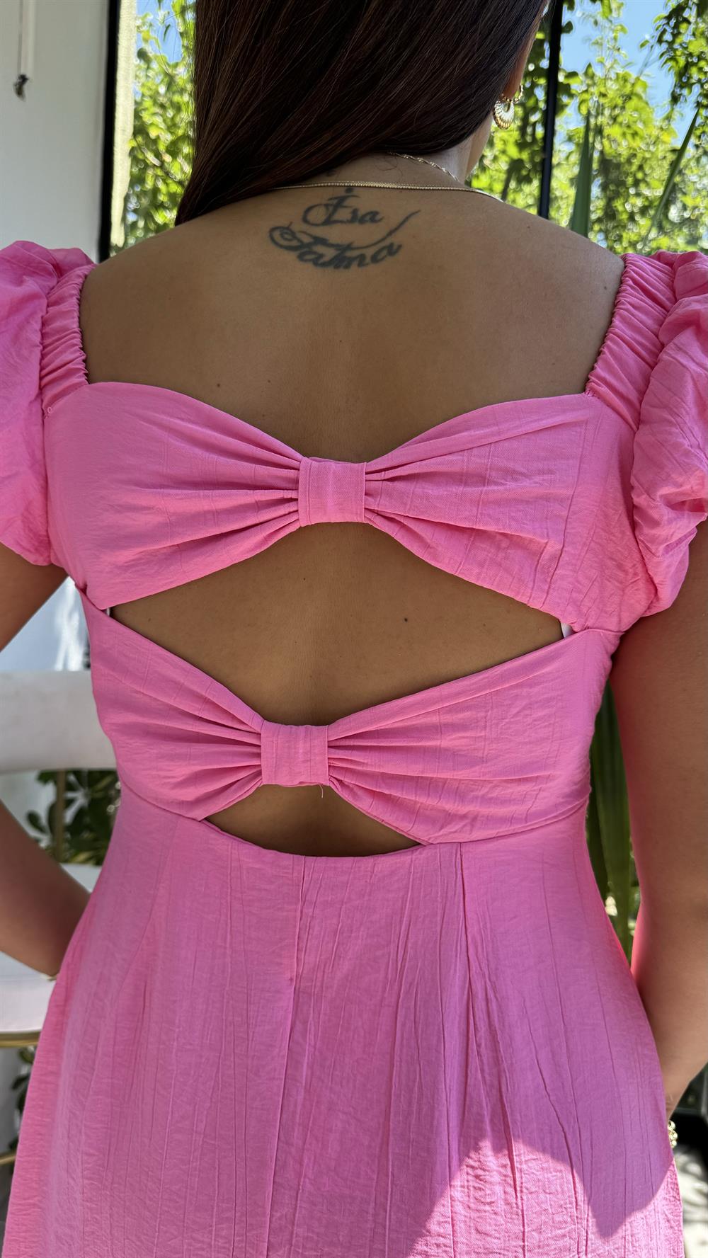 Askı Kurdele Detay Elbise Pembe