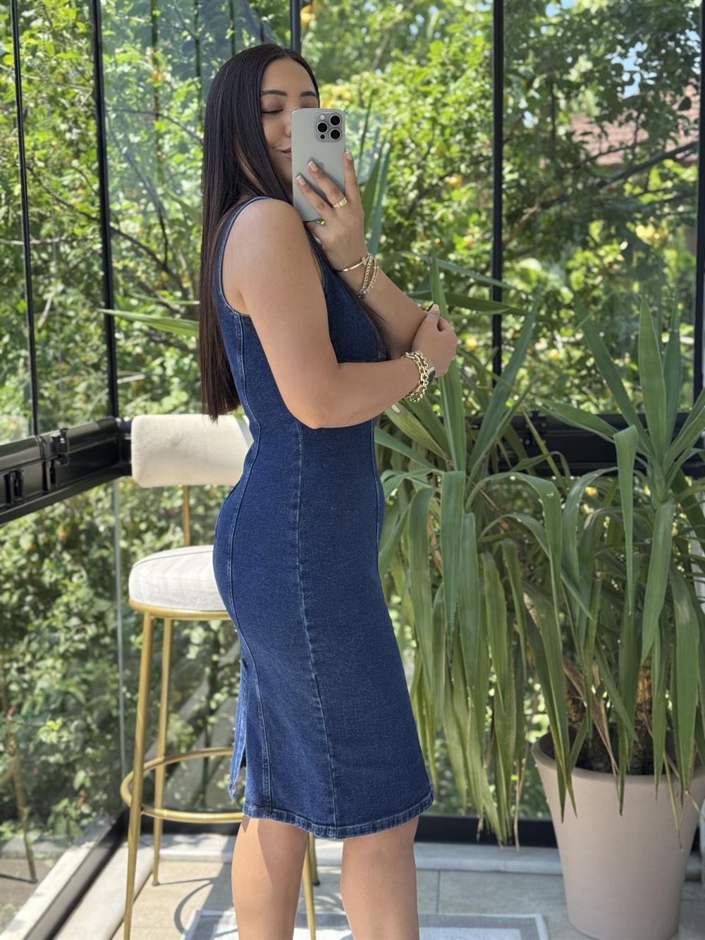 Askılı Fermuarlı Denim Midi Elibise Lacivert