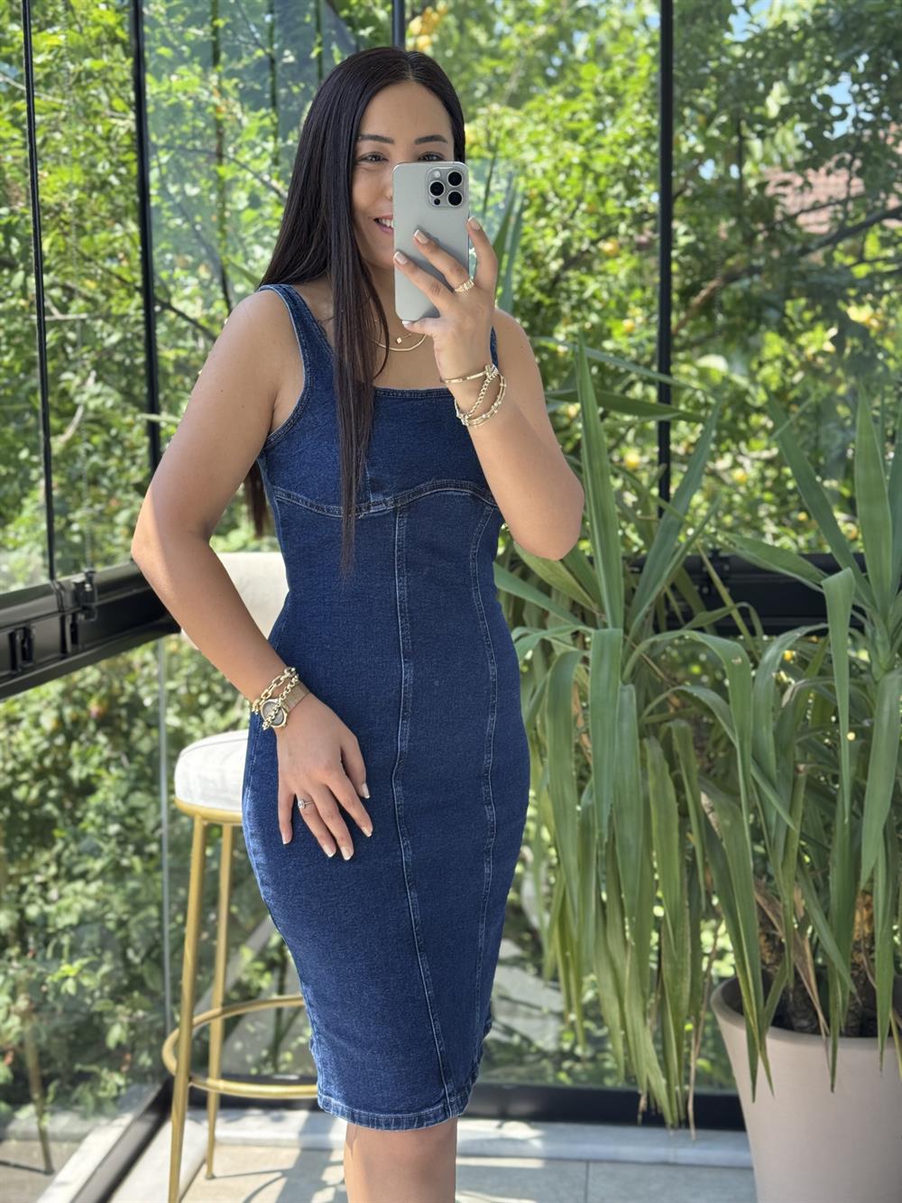 Askılı Fermuarlı Denim Midi Elibise Lacivert