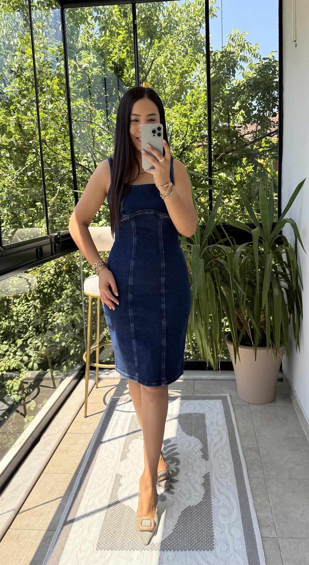 Askılı Fermuarlı Denim Midi Elibise Lacivert