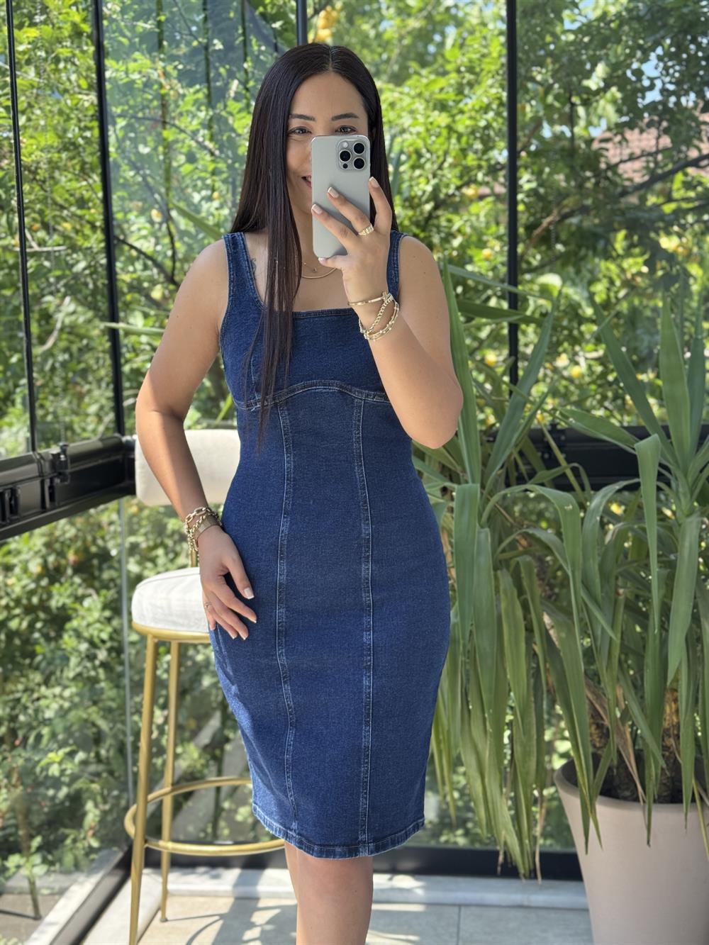 Askılı Fermuarlı Denim Midi Elibise Lacivert