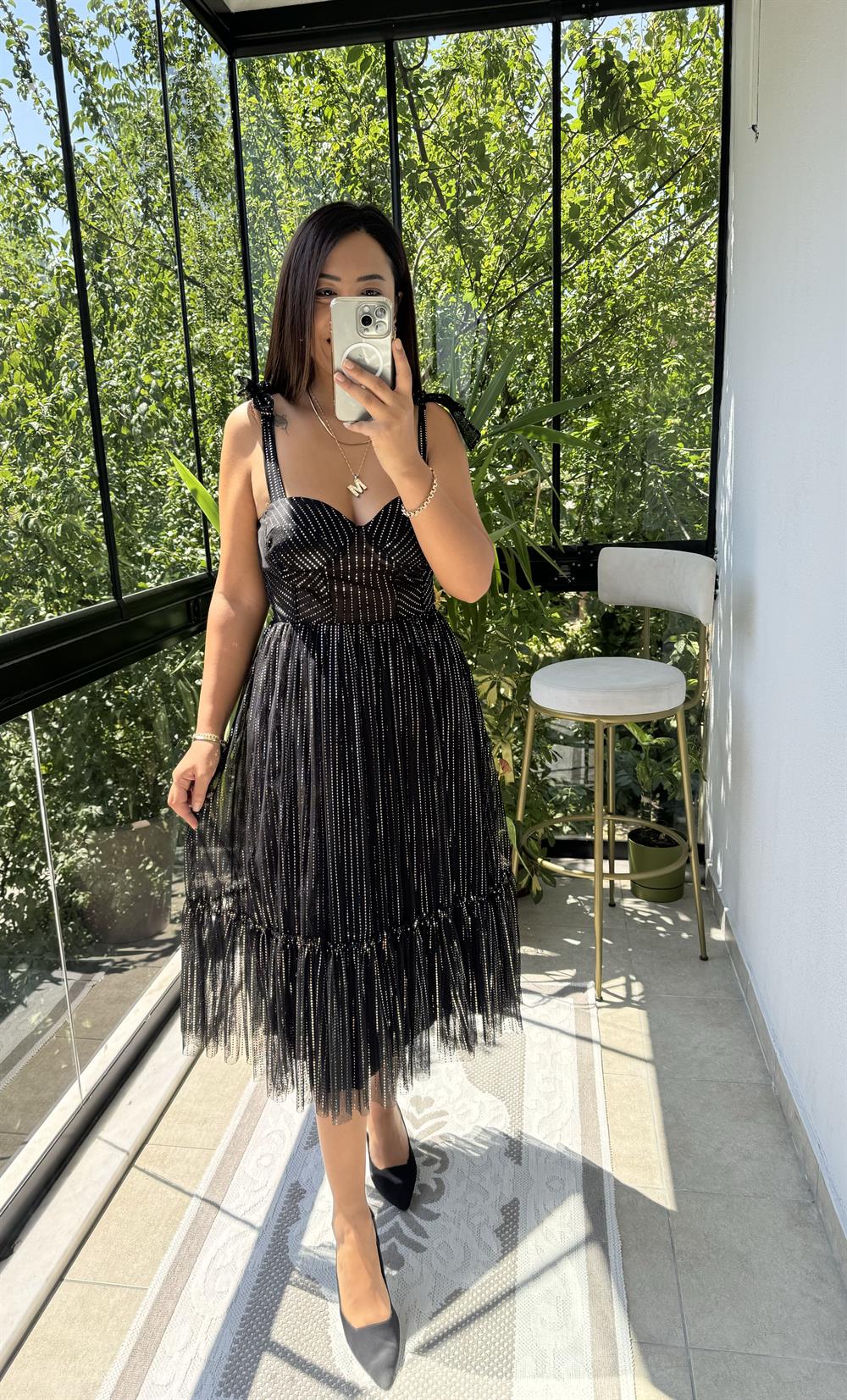 Askılı Geniş Etekli Abiye Siyah