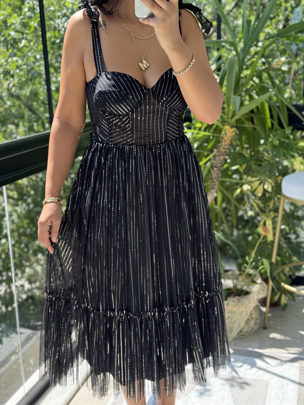 Askılı Geniş Etekli Abiye Siyah