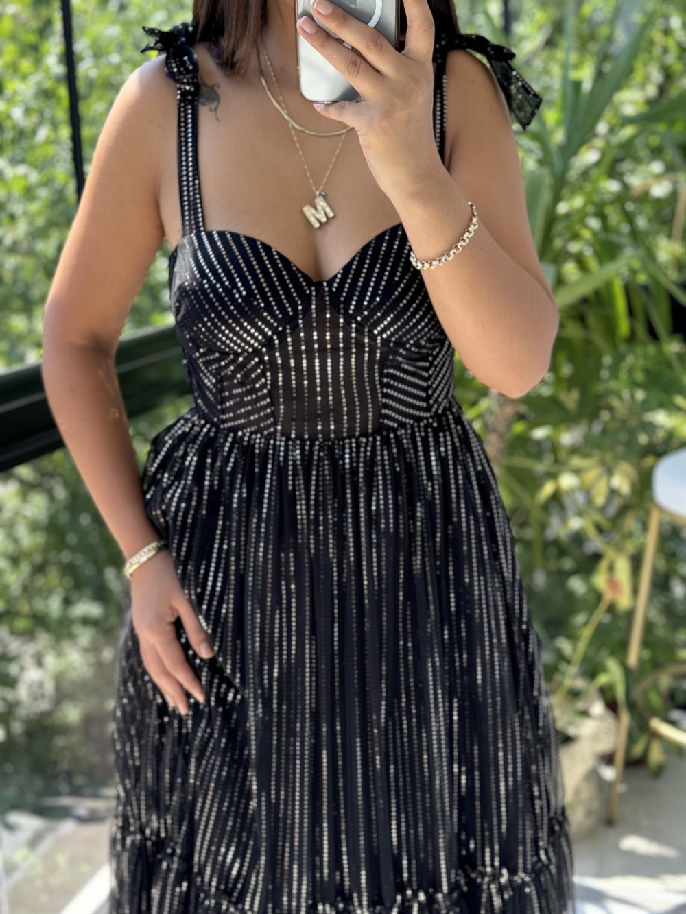 Askılı Geniş Etekli Abiye Siyah