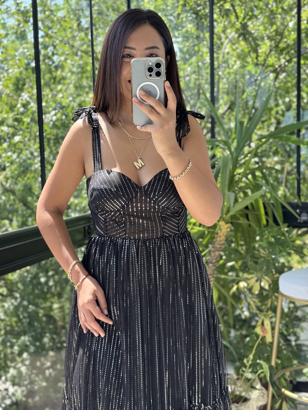 Askılı Geniş Etekli Abiye Siyah